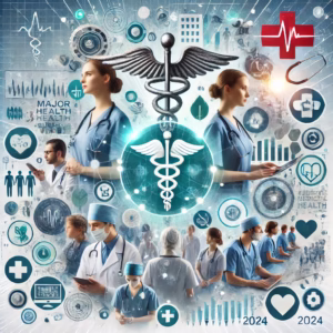 A collage of medical professionals, digital health symbols, and a globe representing major healthcare developments in 2024.