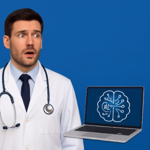 Picture of a doctor in lab coat and a pc in front of him