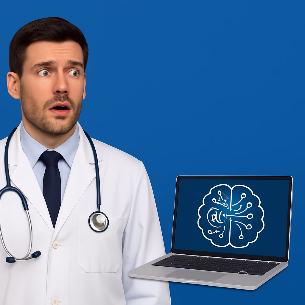 Picture of a doctor in lab coat and a pc in front of him