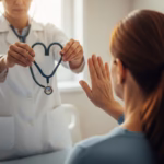 image of a medical professional offering heart shaped stethoscope to someone saying no