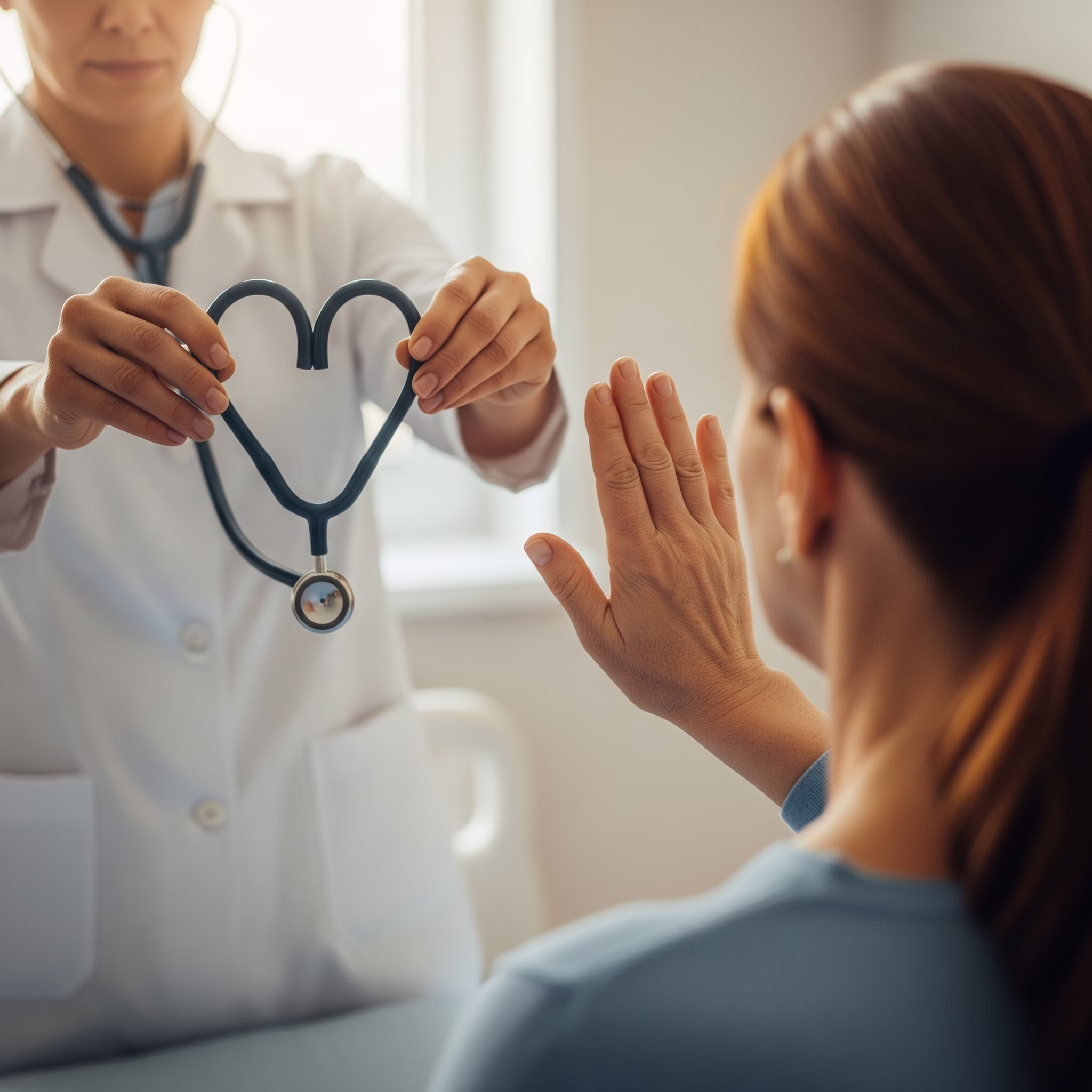 image of a medical professional offering heart shaped stethoscope to someone saying no