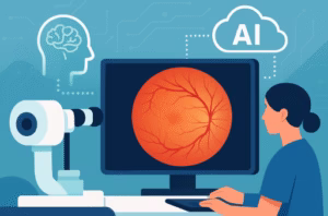 image showing Retina on screen an a healthcare worker in front of a desk